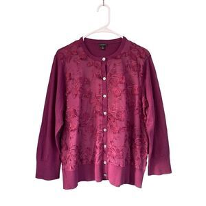 Ann Taylor Plum Embroidered Button-Front Cardigan
